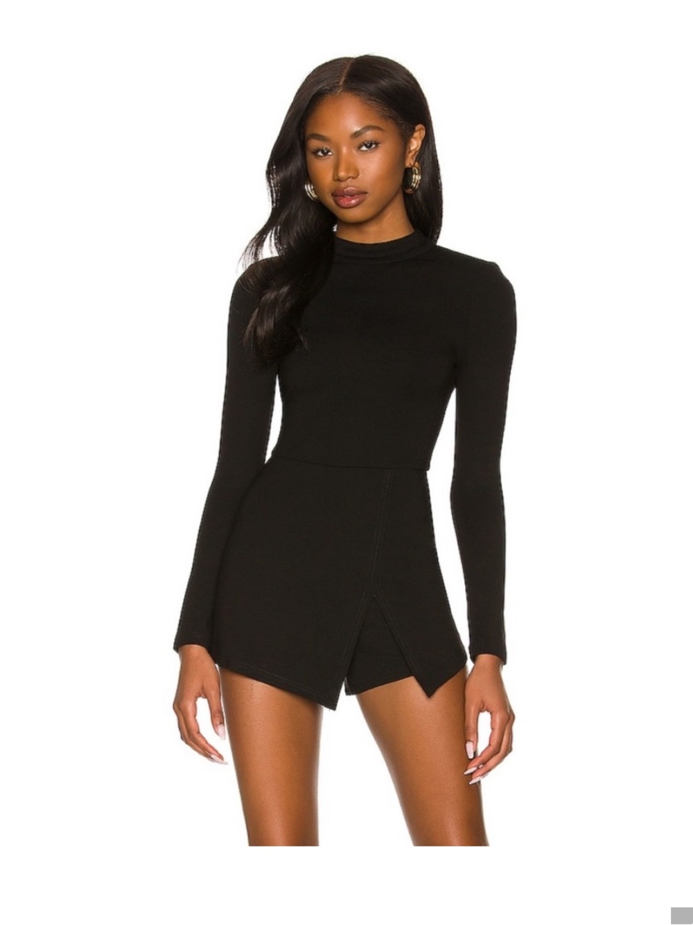 superdown Black Long-Sleeve Mock Neck Romper Dress with Asymmetric Skort